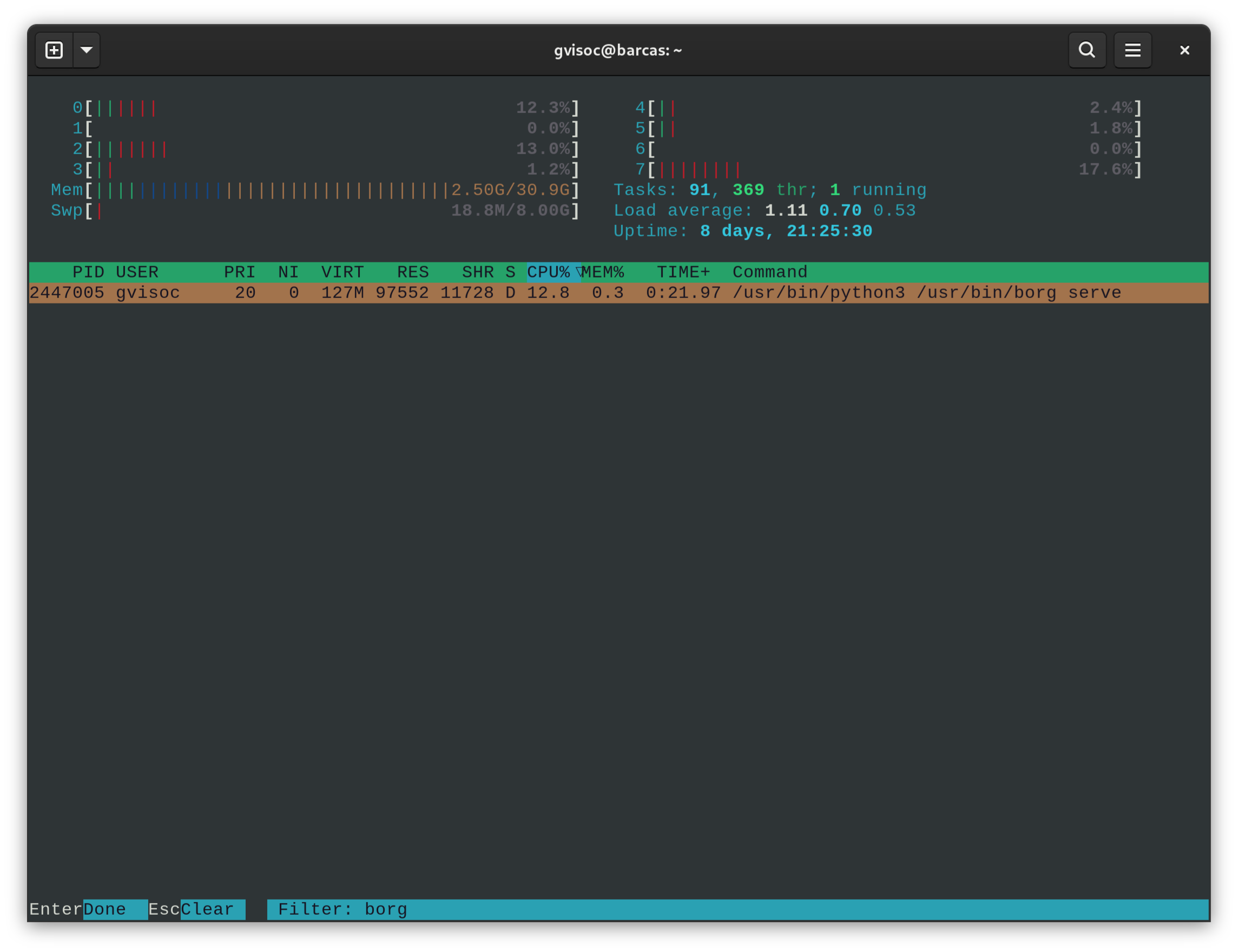 La imagen muestra un terminal de Gnome conectado al host barcas, bajo el usuario gvisoc. Dentro del terminal se puede ver la salida del comando htop, que muestra el proceso de servidor de borg realizando la verificación de integridad de la copia de seguridad, consumiendo algo menos de un 13% de CPU. 
