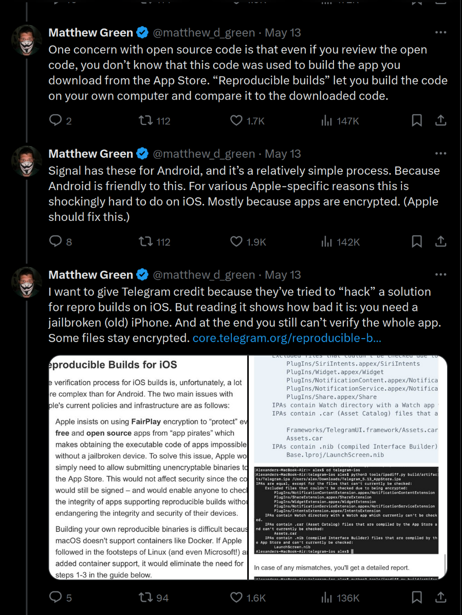 Captura de los tweets (¿equises?) más relevantes del hilo de Matthew Green enlazado más arriba, en el párrafo, donde comenta el tema de las compilaciones reproducibles.