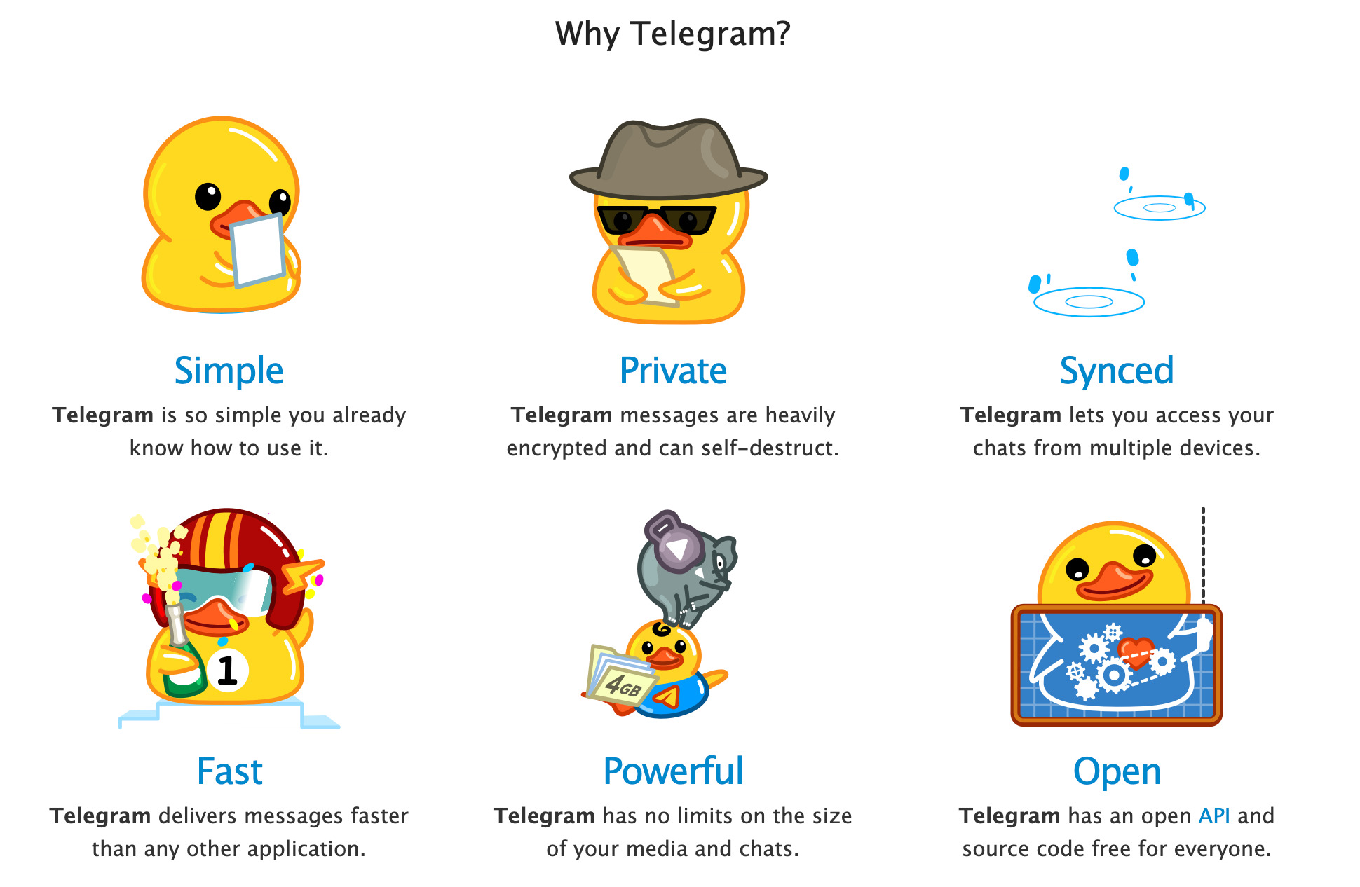 Captura de pantalla de la web de Telegram, con las características que dice ofrecer.