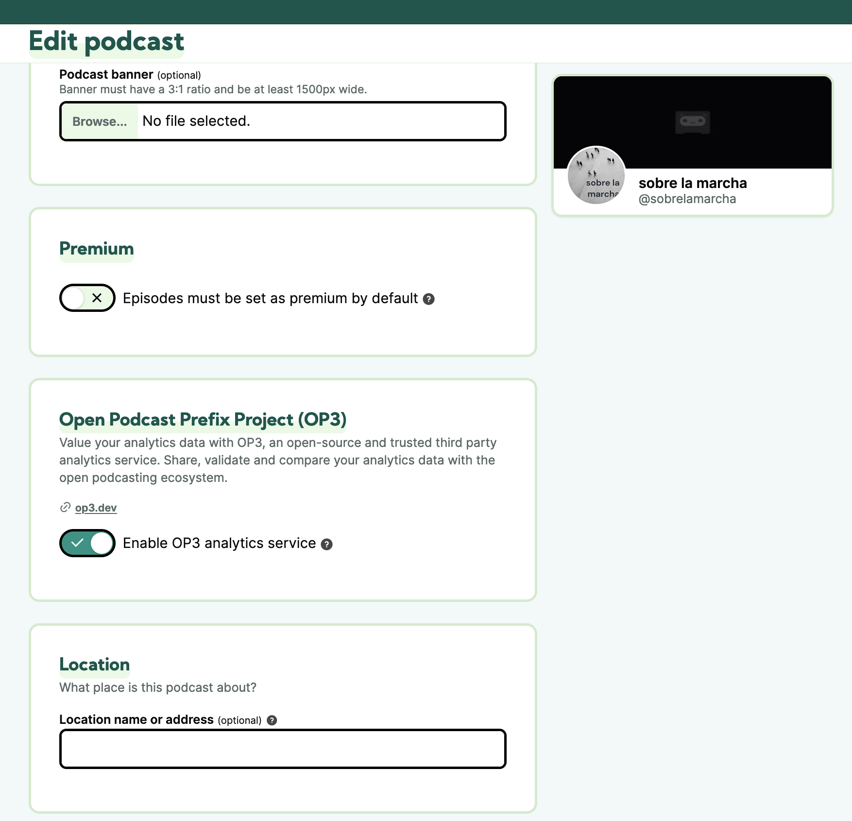 Formulario de edición del podcast recién importado. De interés es el hecho de que para activar las estadísticas OP3, en Castopod se hace con un click.