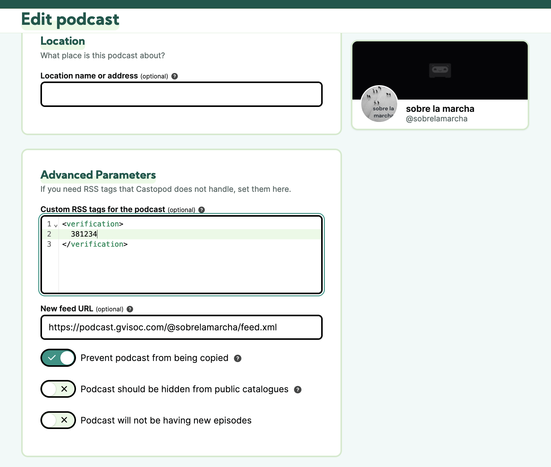 Captura de pantalla del panel de edición del podcast, mostrando el campo donde podemos introducir el código de verificación. Este lugar es "Advanced Parameters"; y debemos introducir el campo con las etiquetas XML incluidas, por ejemplo <verification>381234</verification>