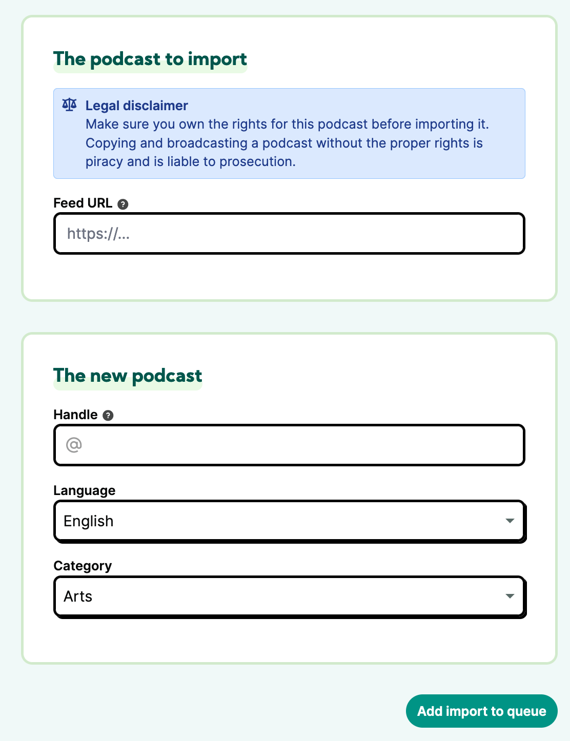 Formulario de importación de un podcast en Castopod. Permite introducir la dirección del feed, indicar el idioma, la categoría y el nombre de usuario de la cuenta en el fediverso.