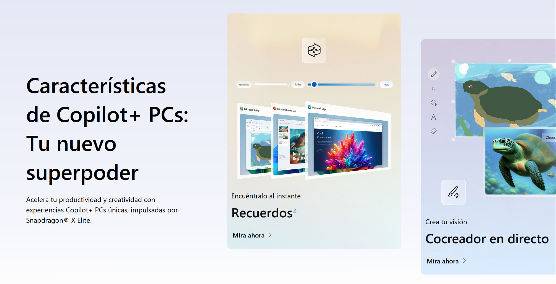 Captura de pantalla de la web de Microsoft anunciando las características de los PC Copilot+, mostrando Recuerdos.
