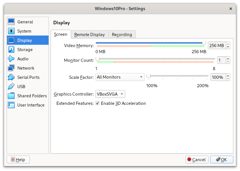 En la imagen vemos otra de las pestañas de opciones de la máquina virtual de Windows 10 en VirtualBox, "Display", donde deberemos activar "Extended features: Enable 3D Acceleration". También dotaremos a la máquina virtual de suficiente memoria de vídeo, en "Video Memory", desplazando el selector hasta el máximo de 256 MB.