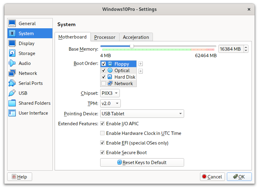 La imagen muestra la pantalla de opciones de la máquina virtual de Windows 10, en Virtual Box, en la pestaña "System", donde deberemos seleccionar "Enable EFI (special OSes only)" y "Enable Secure Boot"