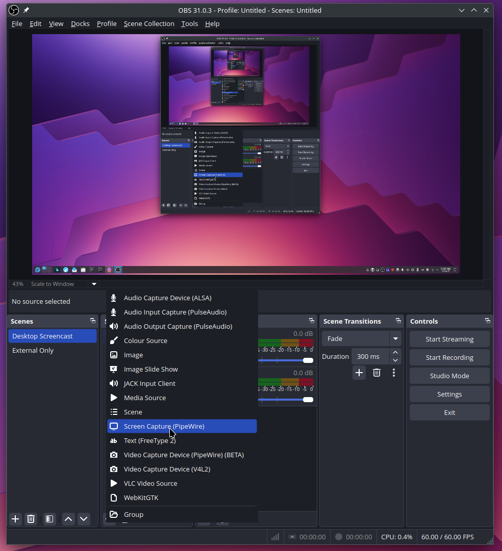 Captura de pantalla de OBS que muestra un menú emergente con la opción "Screen Capture (PipeWire)" resaltada.