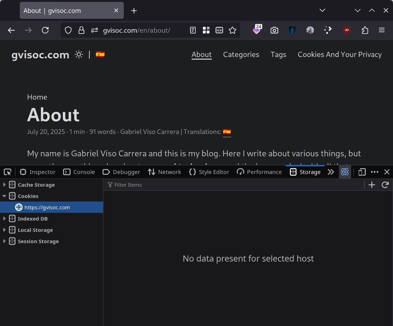 A screenshot of the developer tools showing the cookies this website uses.