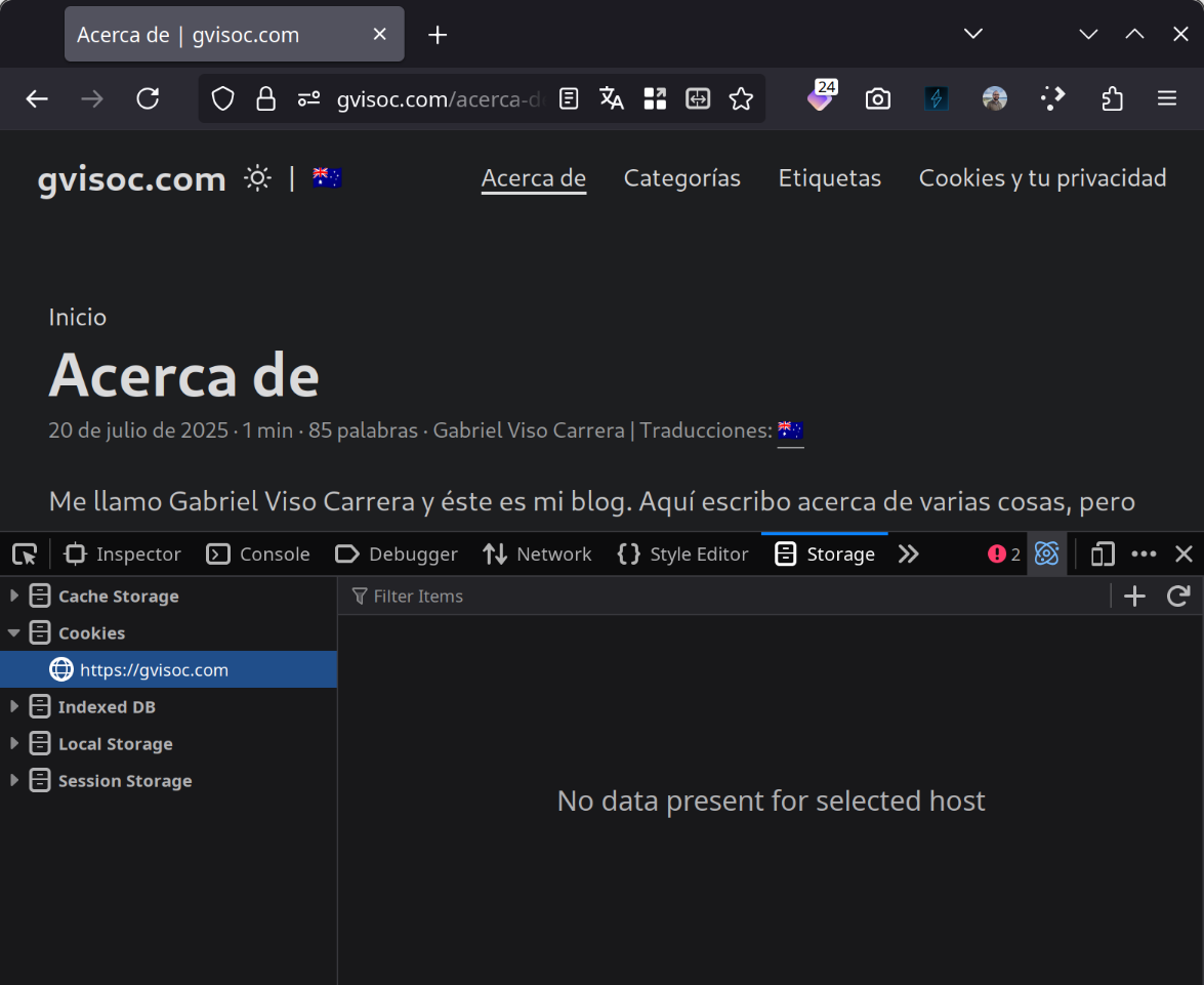 Una captura de pantalla de las herramientas de desarrollador de un navegador web, mostrando que esta web no usa cookies.